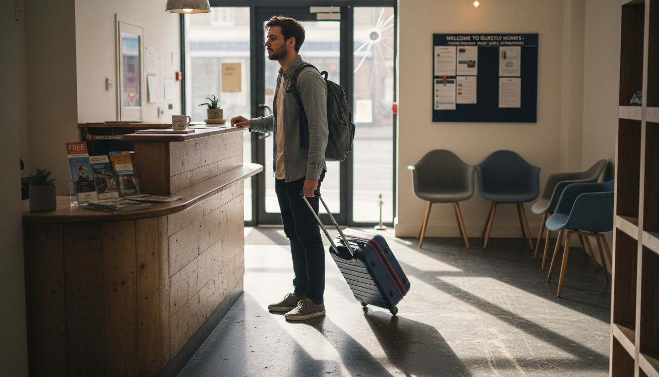 Young professional entering foyer lobby with suitcase