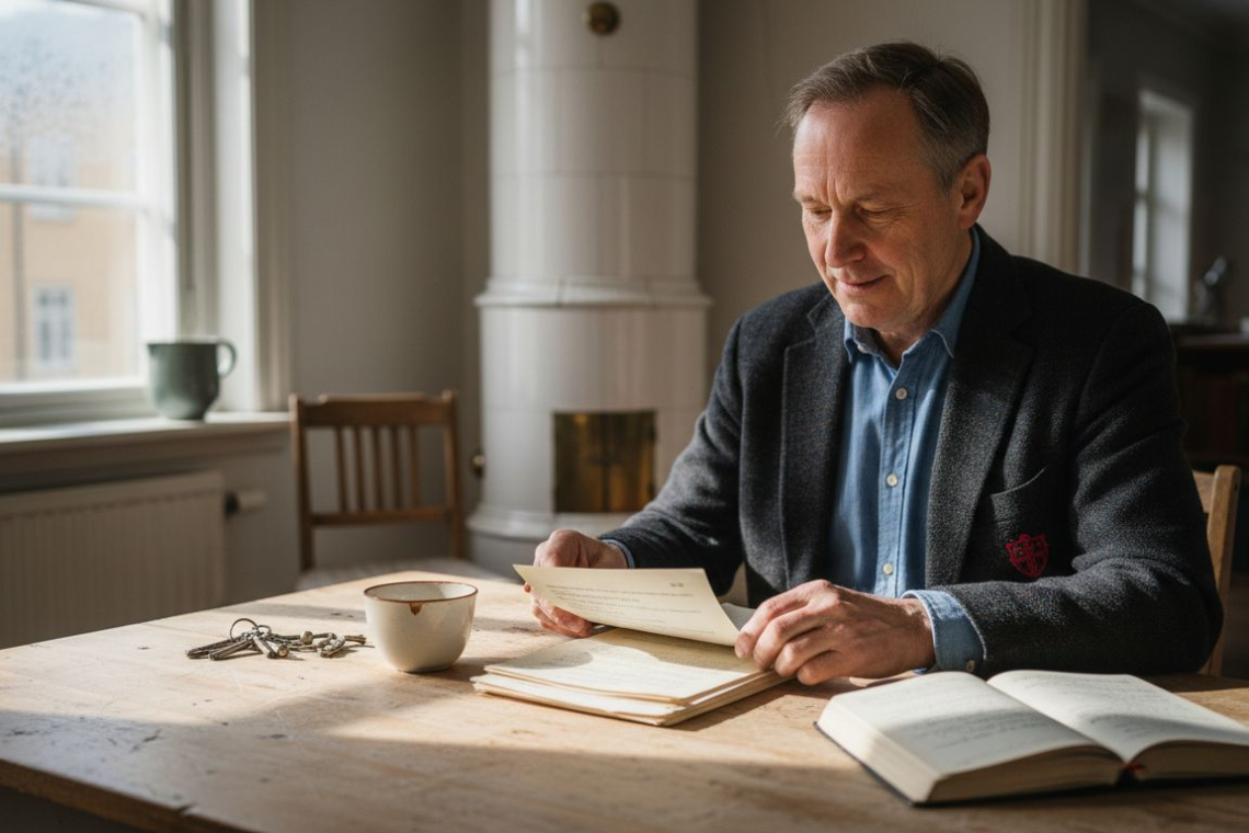 Swedish landlord reviewing rental documents at kitchen table