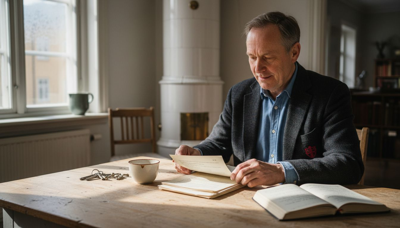 Swedish landlord reviewing rental documents at kitchen table