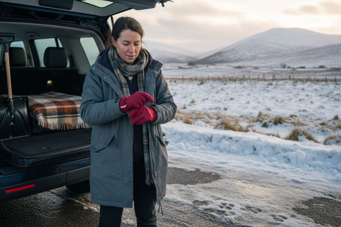 Woman preparing for winter travel roadside