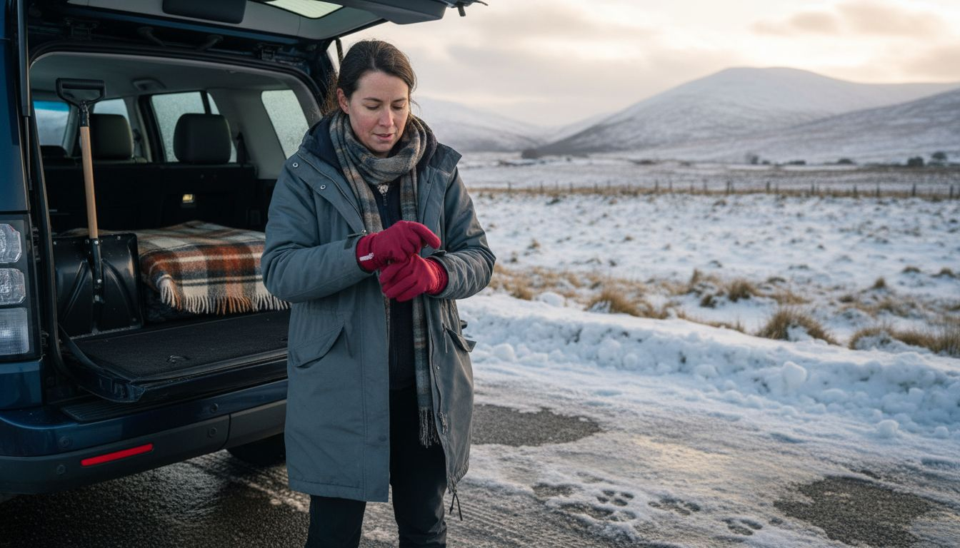 Woman preparing for winter travel roadside