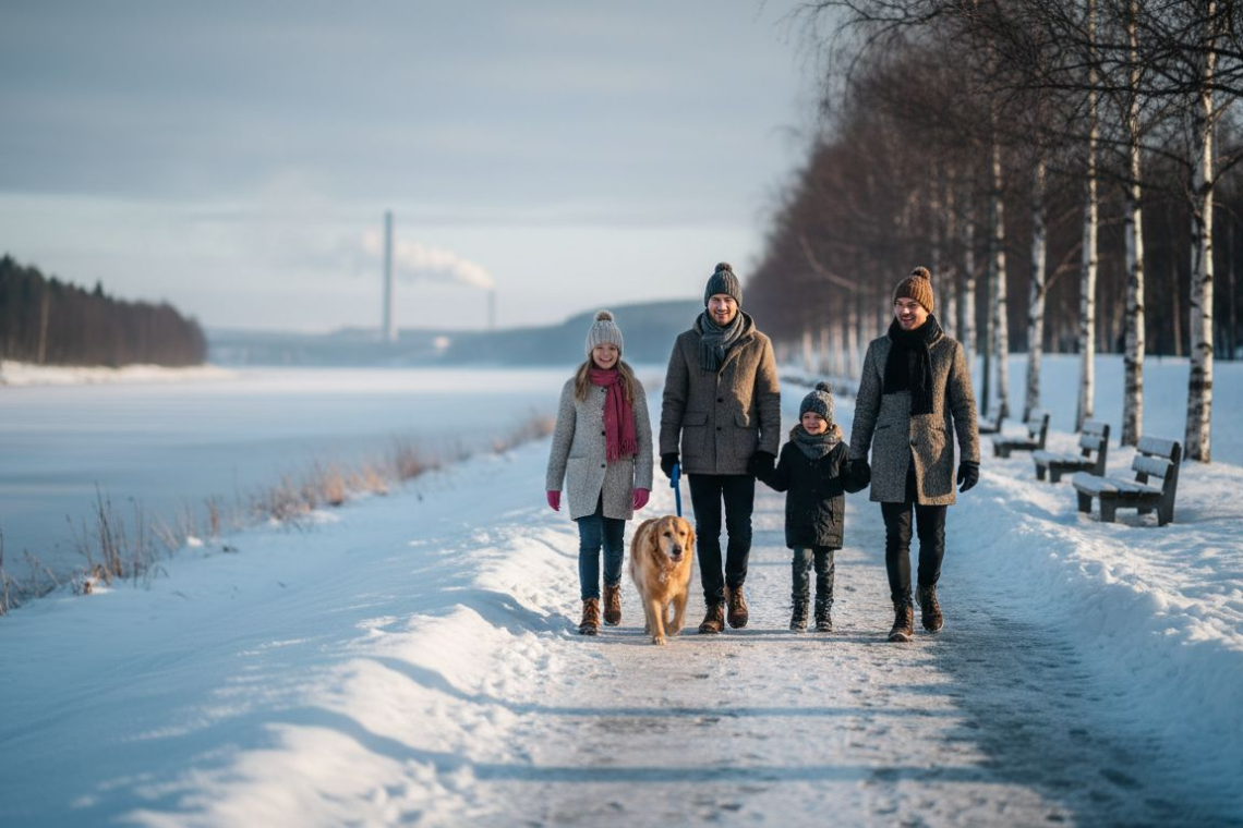Family walking in snowy Northern Sweden riverside