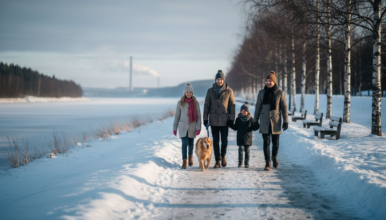 Family walking in snowy Northern Sweden riverside
