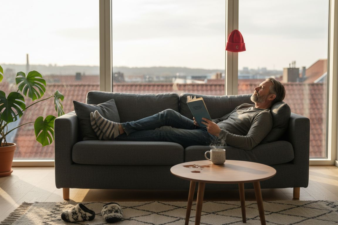 Property owner relaxing in bright apartment
