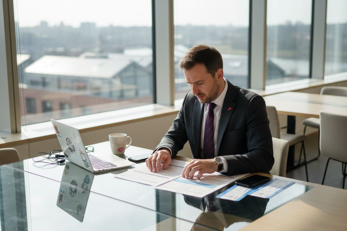 Business travel agent reviewing itineraries in office