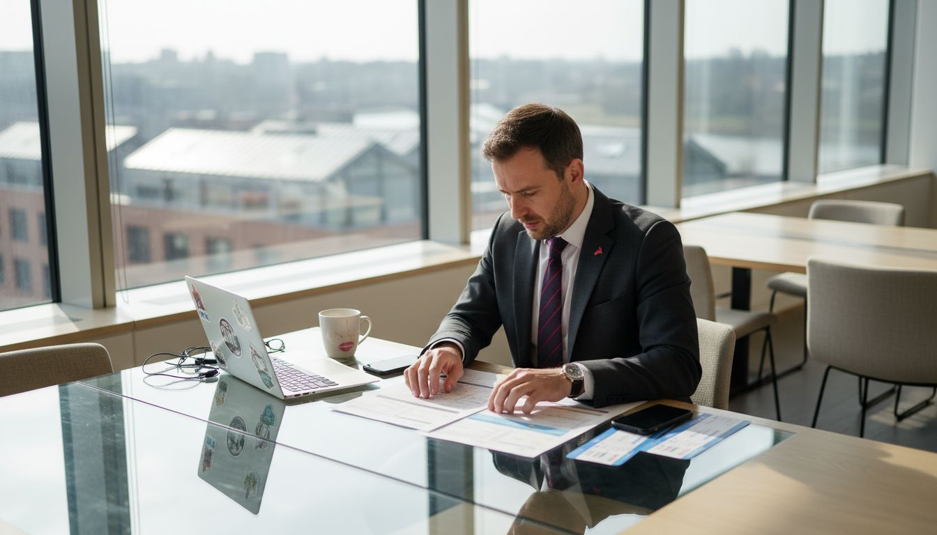 Business travel agent reviewing itineraries in office