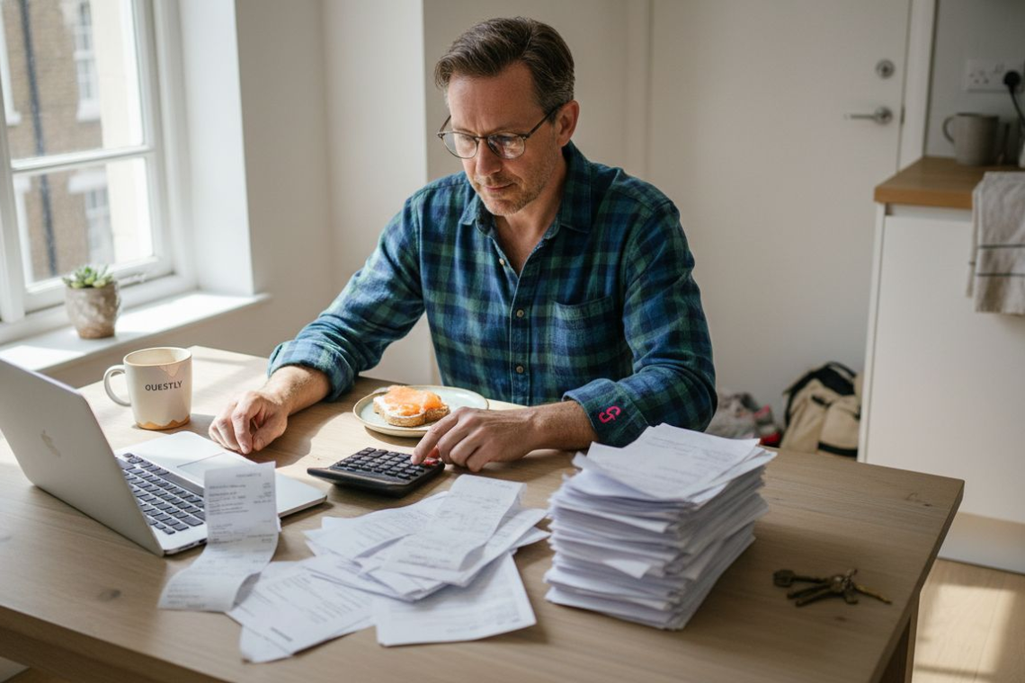 Property owner reviewing rental finances at table