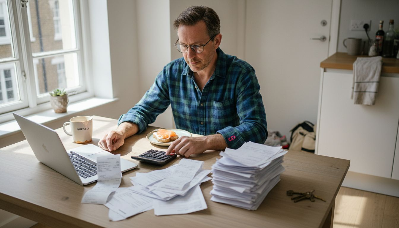 Property owner reviewing rental finances at table