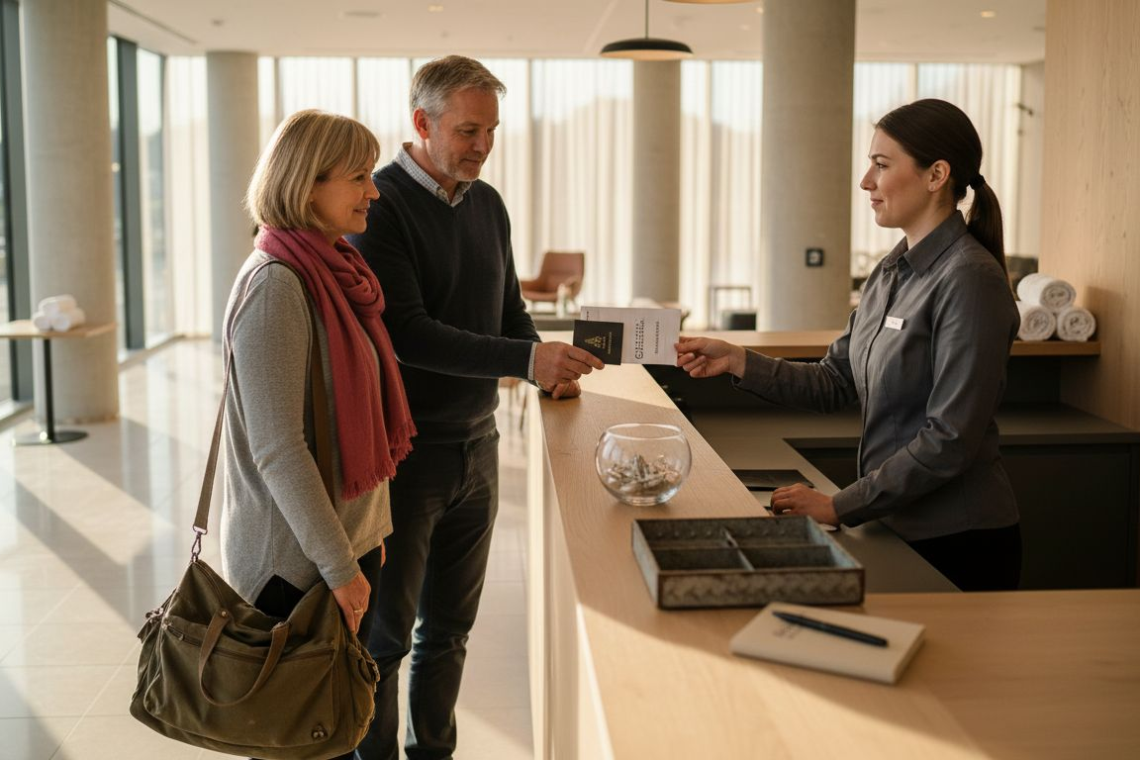 Guests checking in at hotel lobby desk