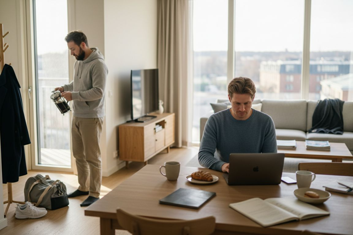 Team relaxing in serviced apartment living space