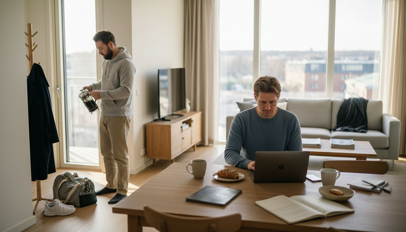 Team relaxing in serviced apartment living space