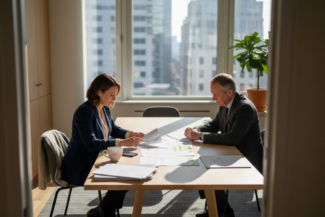 Business team reviewing housing contract checklist