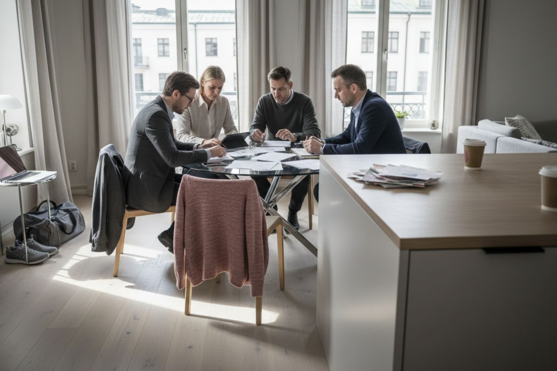 Business team meeting in modern Swedish apartment