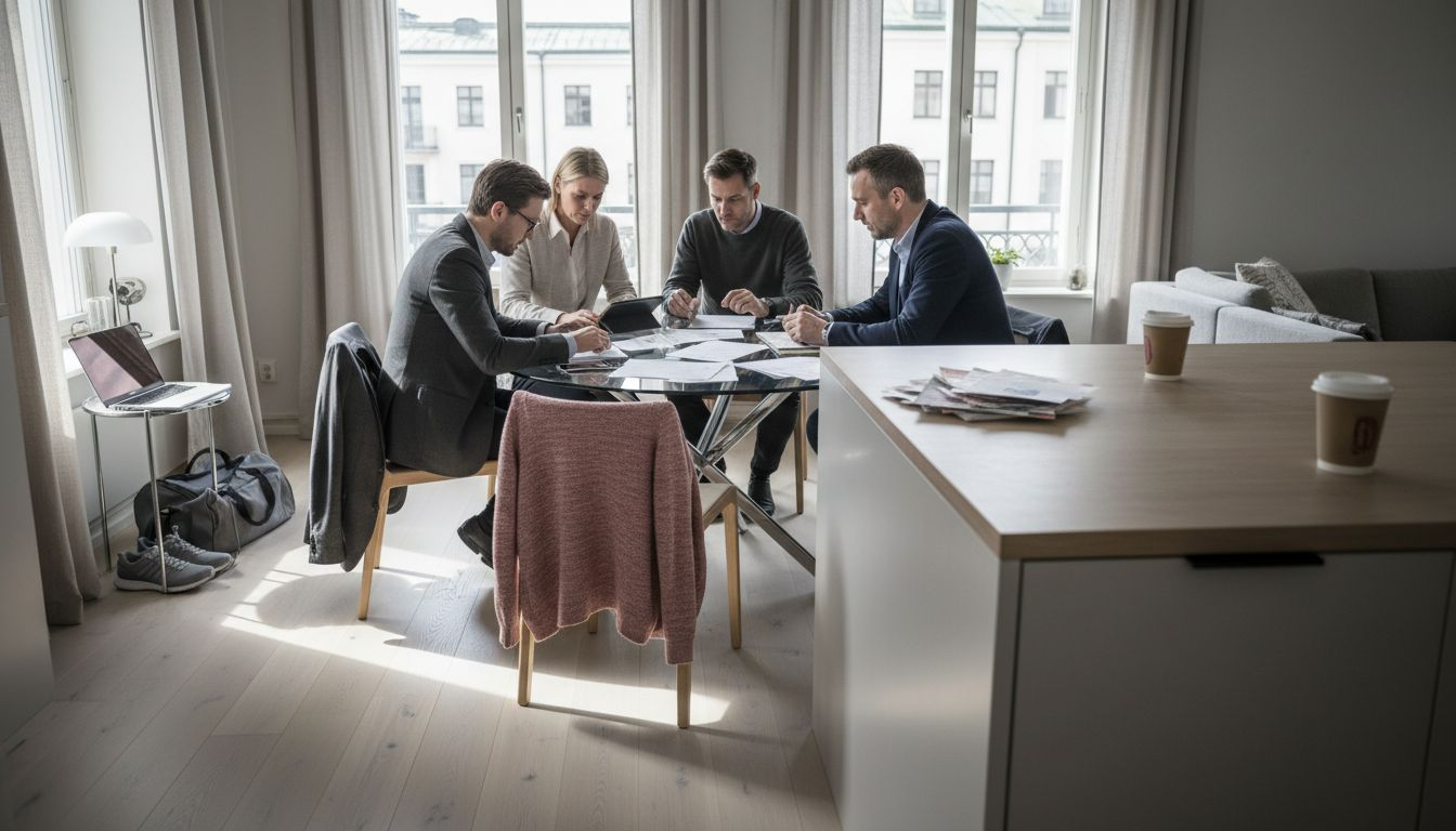 Business team meeting in modern Swedish apartment