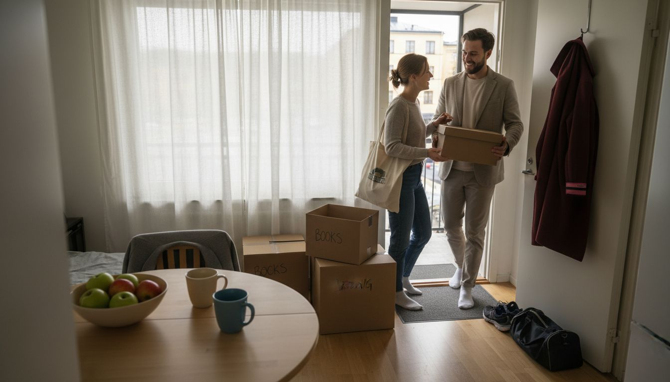 Young couple entering Swedish temporary housing