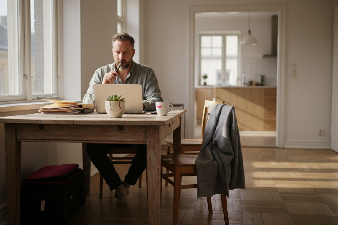 Business traveler in Nordic furnished apartment