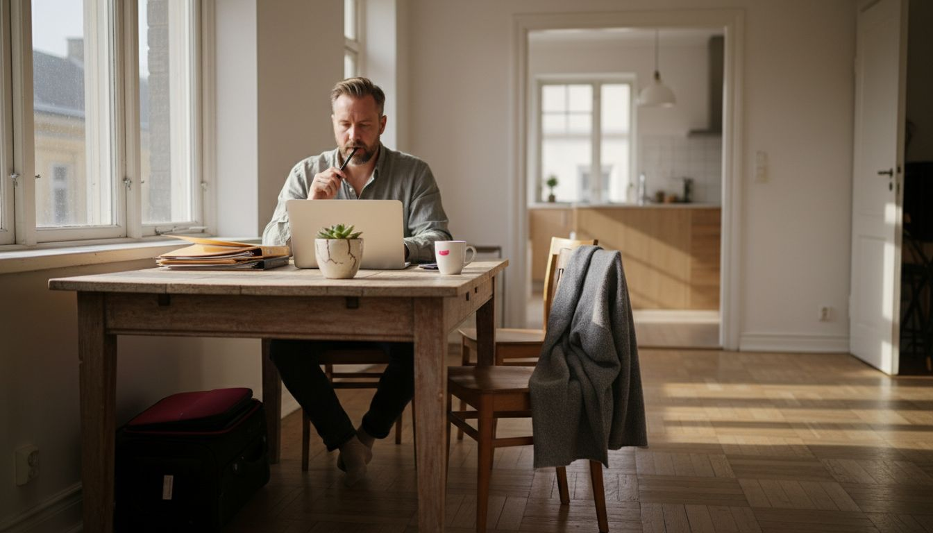 Business traveler in Nordic furnished apartment