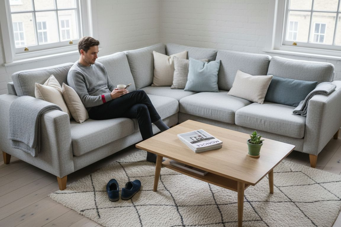 Modern Swedish apartment with resident relaxing