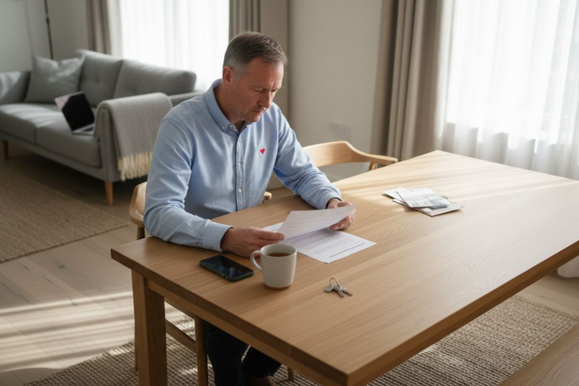 Landlord reviewing contract at dining table