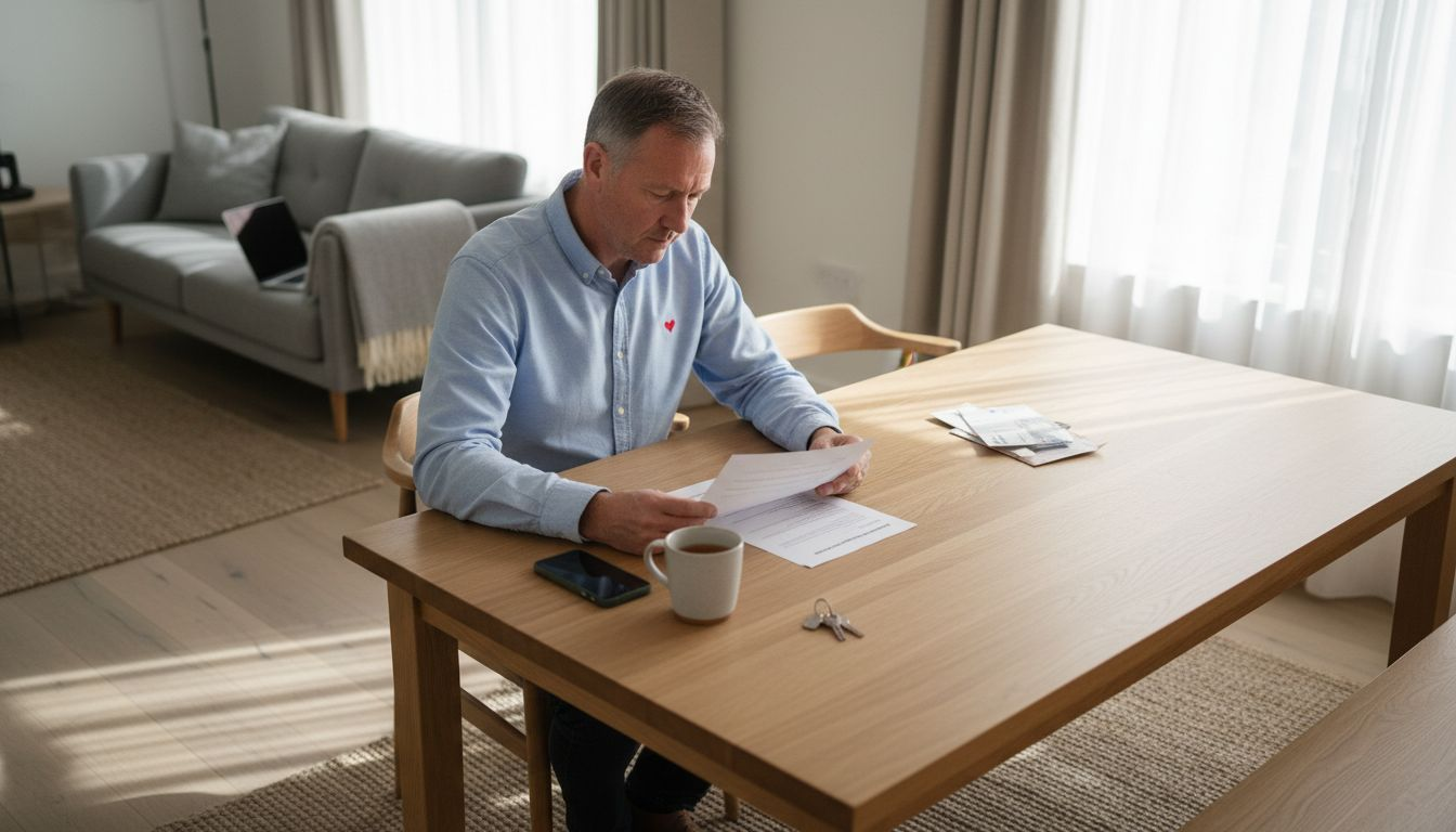 Landlord reviewing contract at dining table