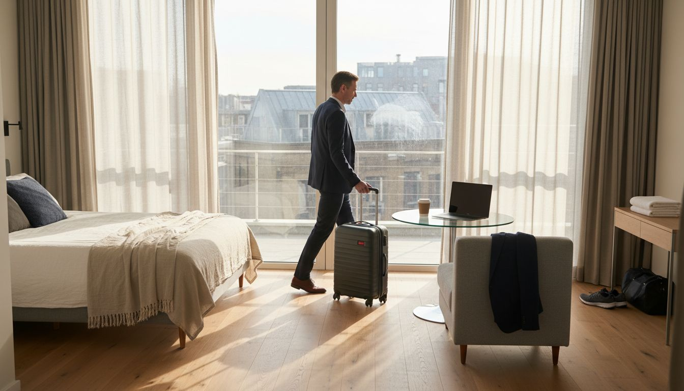 Business traveler arriving at serviced apartment interior