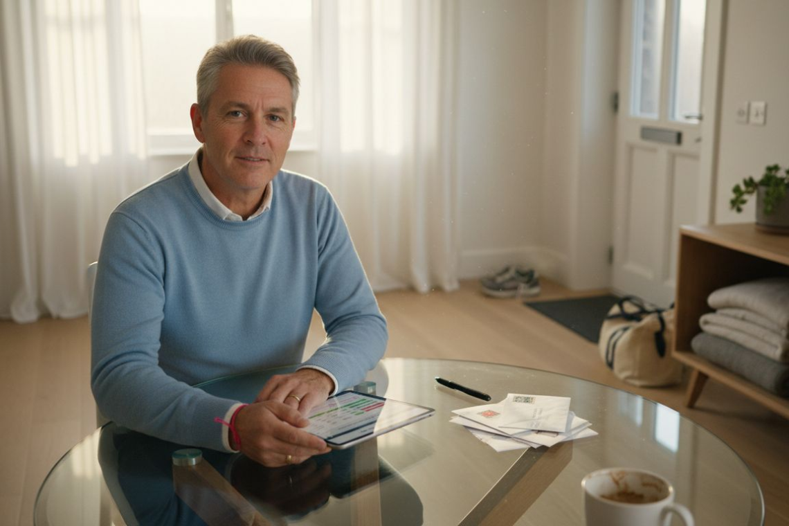 Property owner reviews rental spreadsheet at table