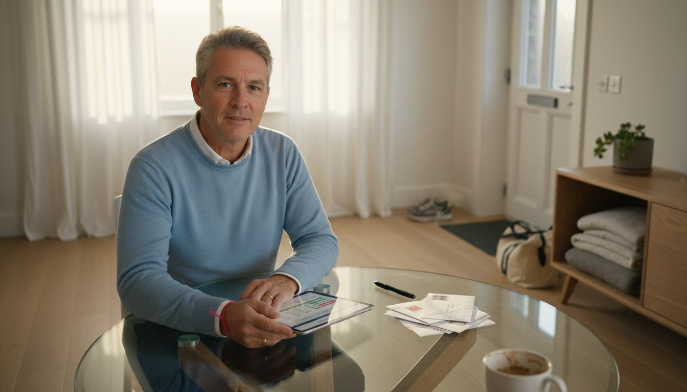 Property owner reviews rental spreadsheet at table