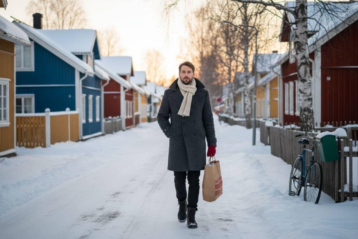 Man walking winter street in northern Sweden