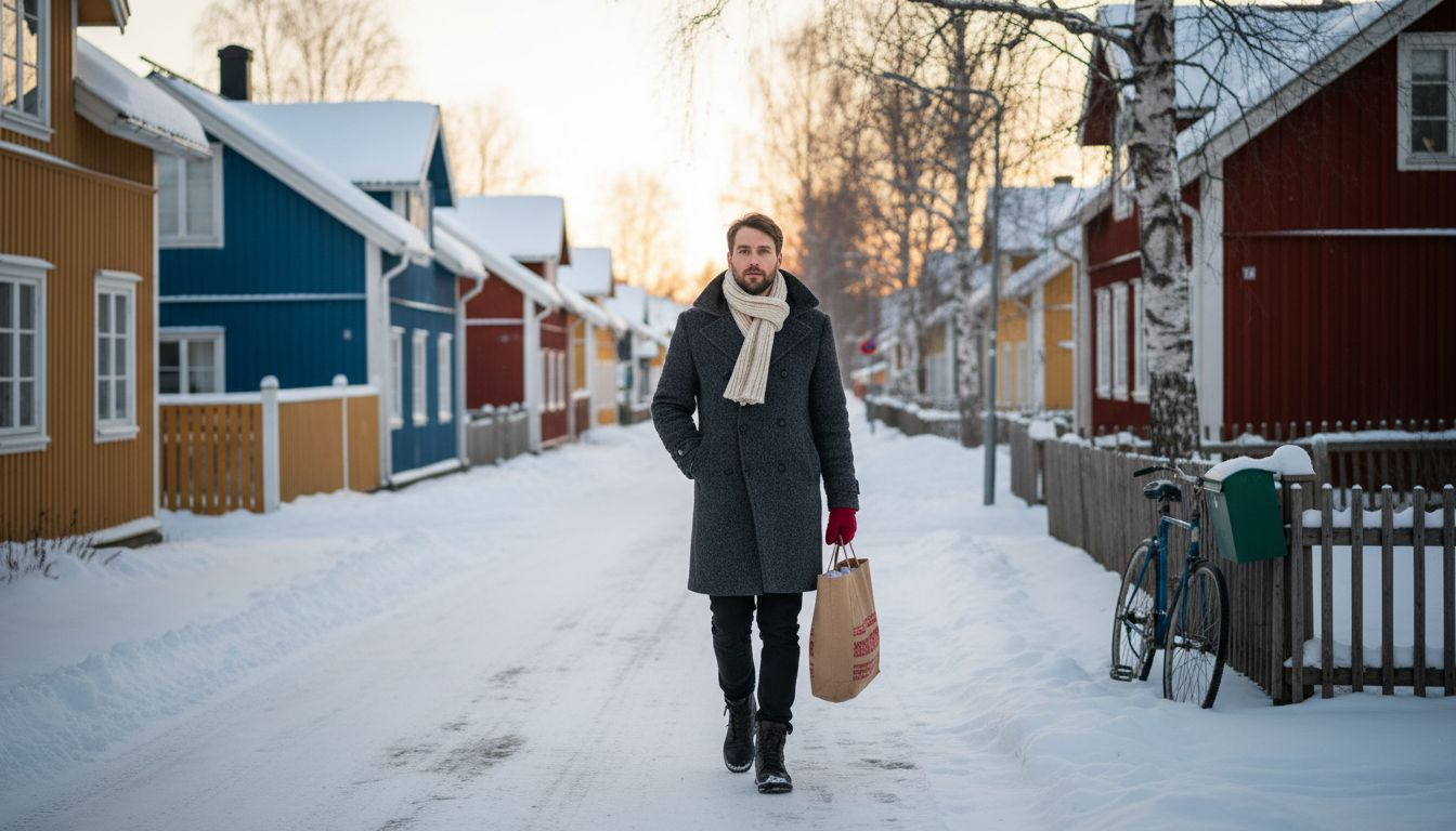 Man walking winter street in northern Sweden