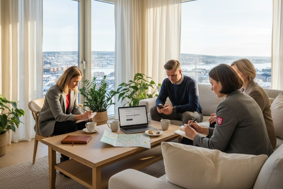 Team comparing villa and apartment options in living room