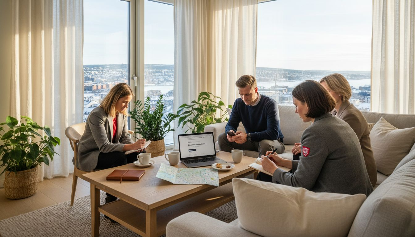 Team comparing villa and apartment options in living room
