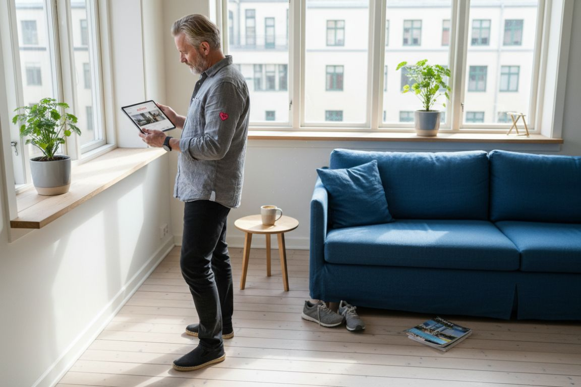 Swedish owner updating Airbnb listing at home