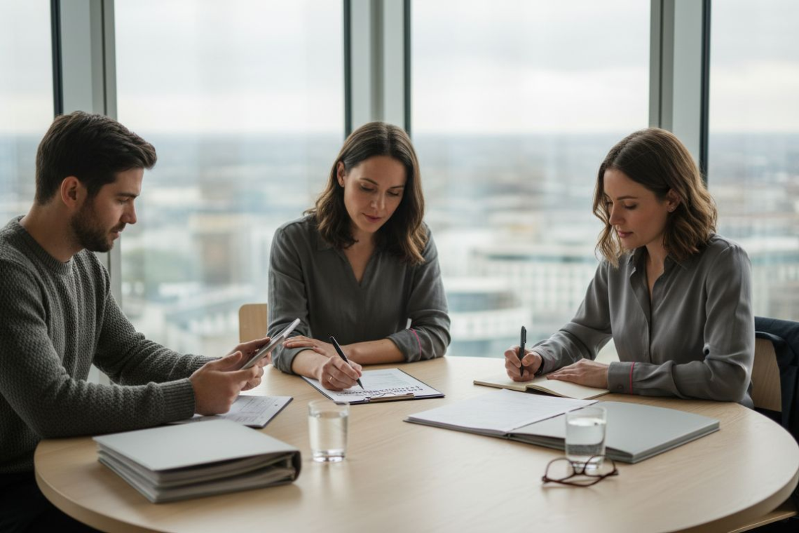 Corporate housing team planning in city office