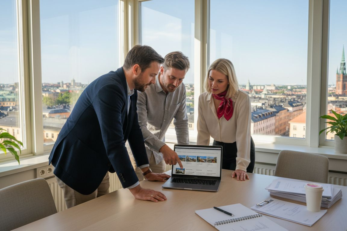 Property managers collaborating in Swedish office