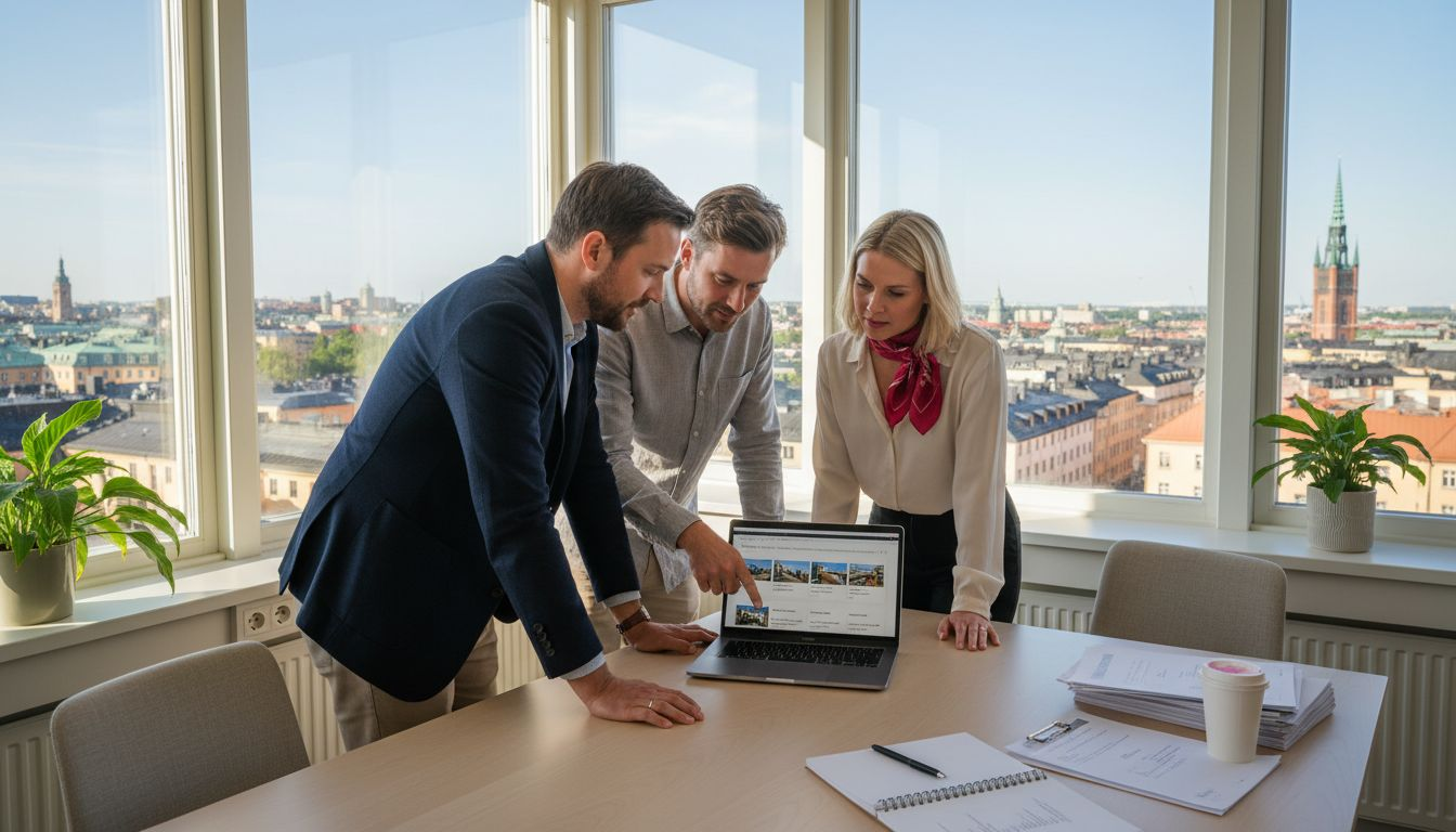 Property managers collaborating in Swedish office