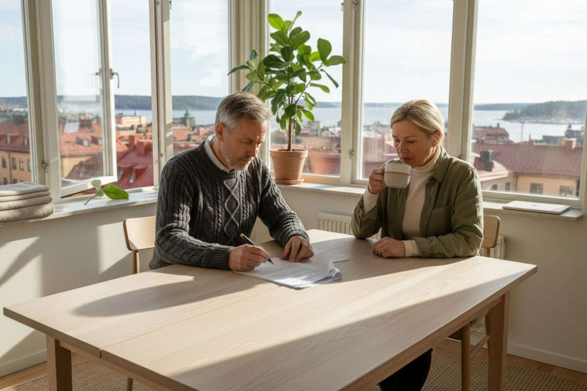 Couple signing apartment lease in Stockholm