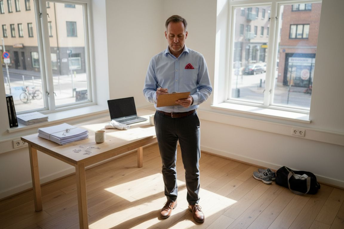 Property manager reviewing documents in city office