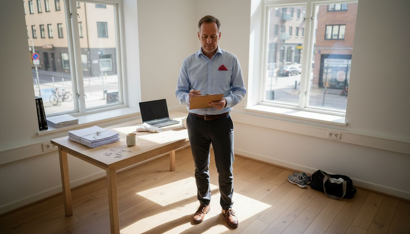 Property manager reviewing documents in city office