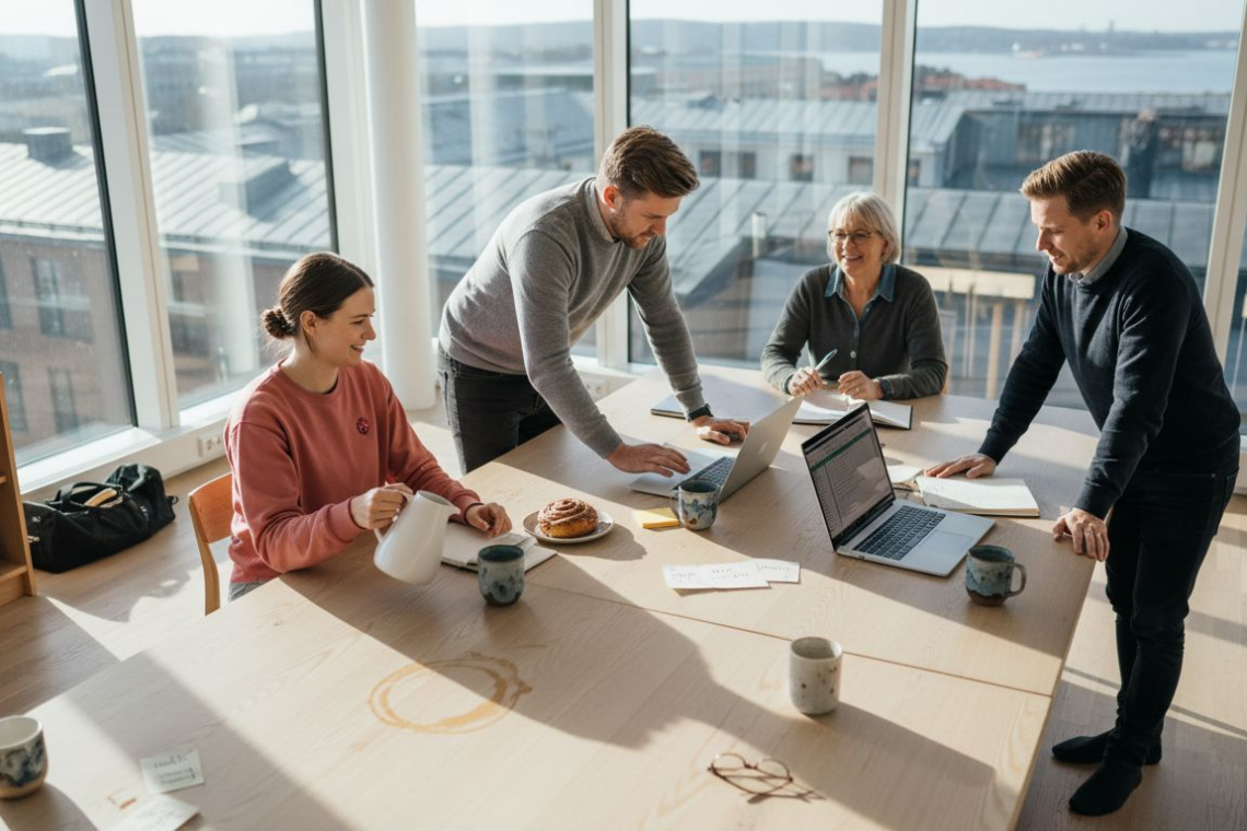 Swedish coworkers collaborate in bright corner office