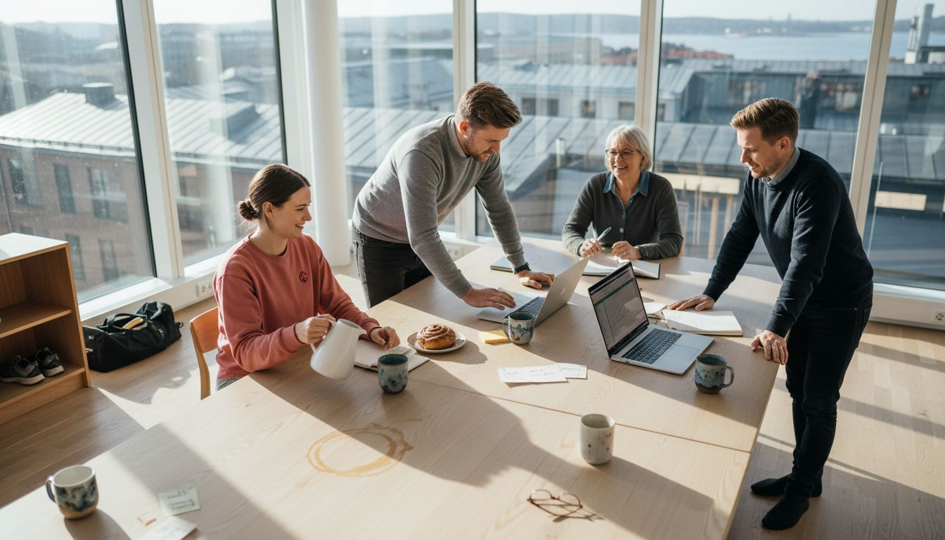 Swedish coworkers collaborate in bright corner office