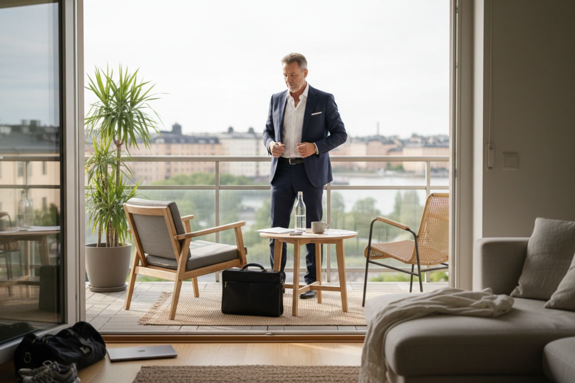 Executive on balcony of managed apartment