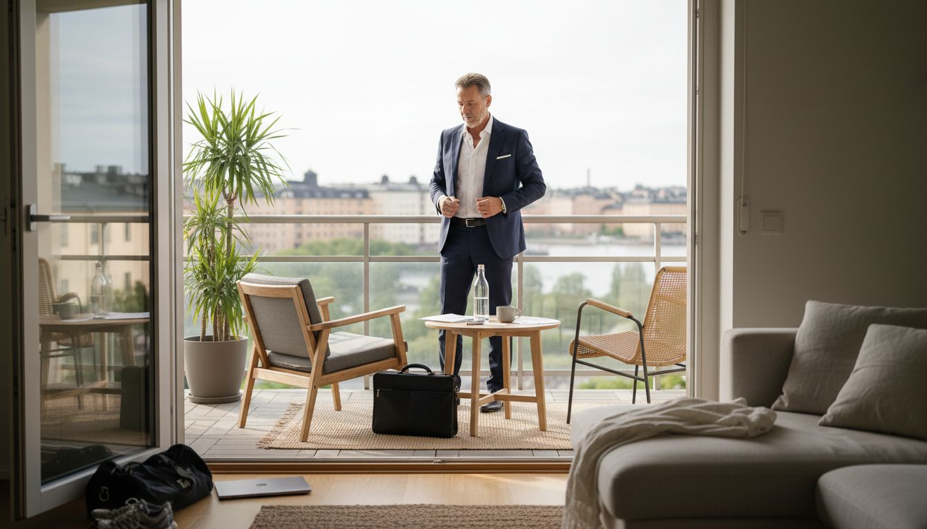 Executive on balcony of managed apartment