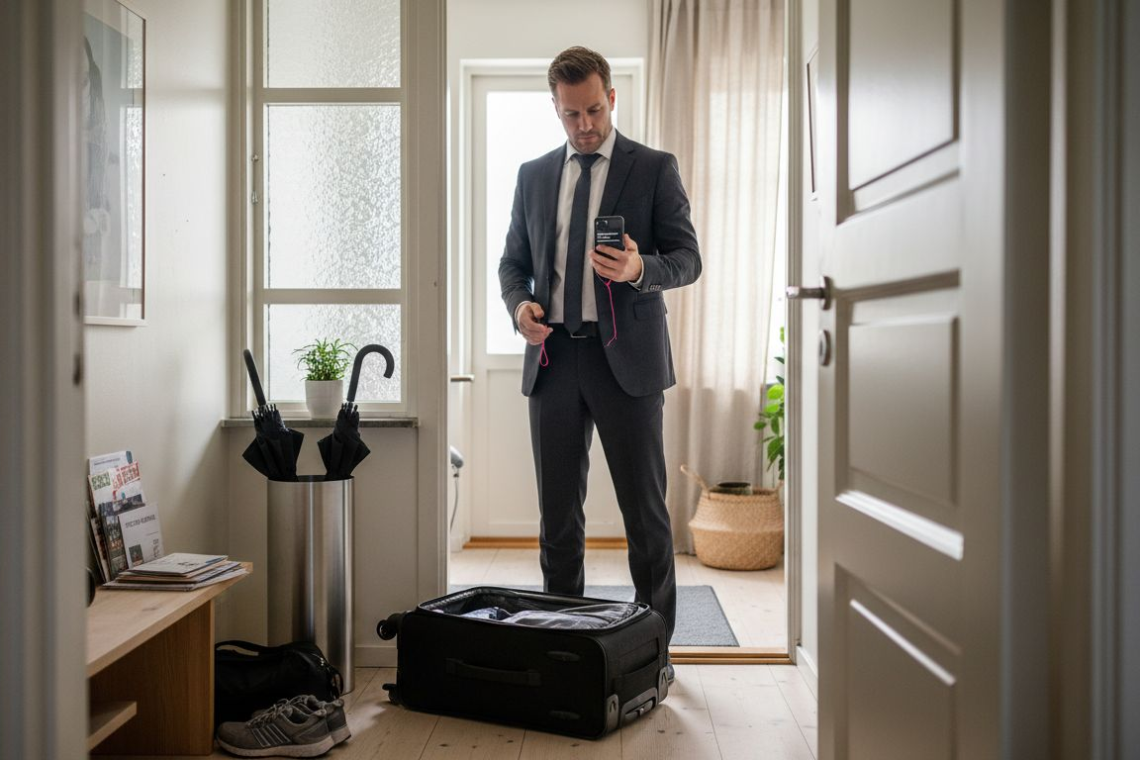 Business traveler arrives at Stockholm apartment