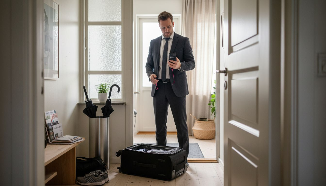 Business traveler arrives at Stockholm apartment