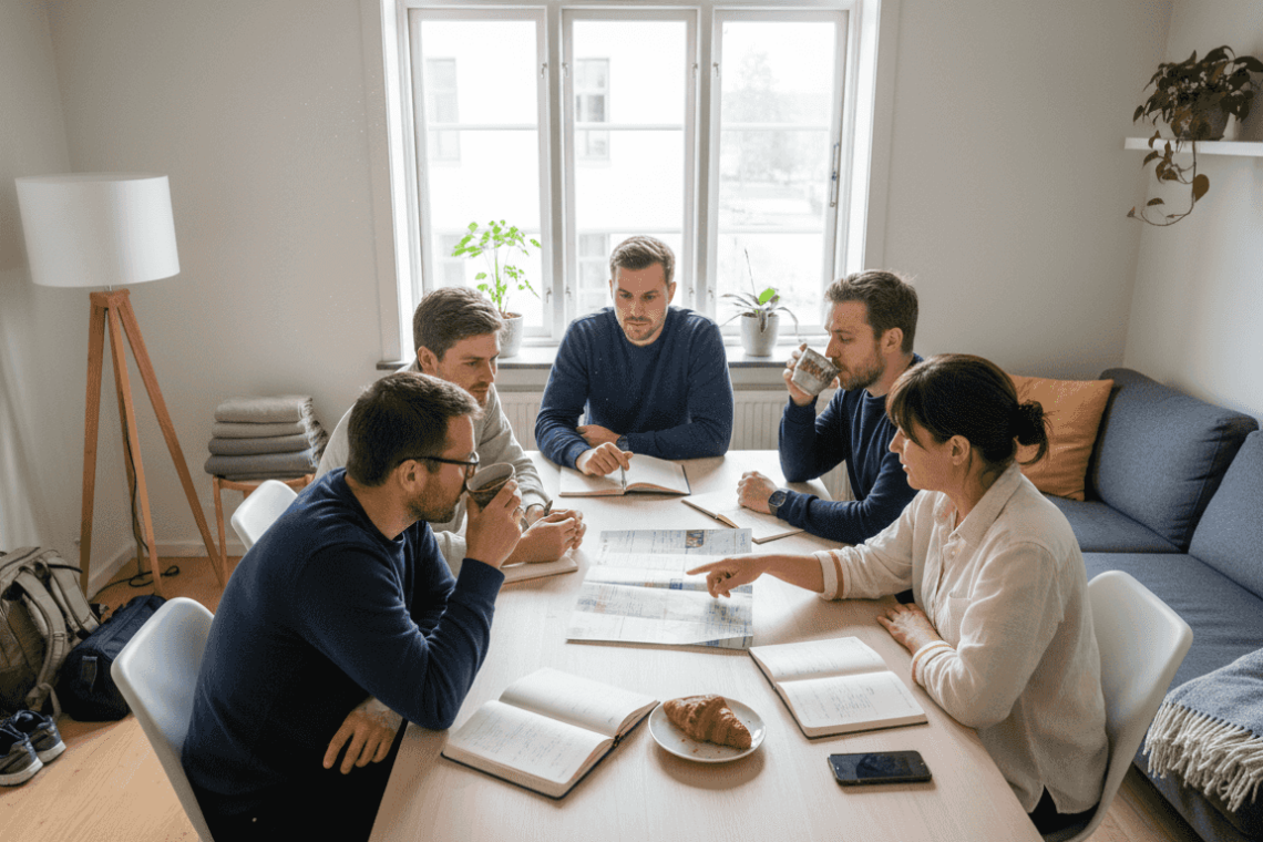 Project team coordinating in serviced apartment