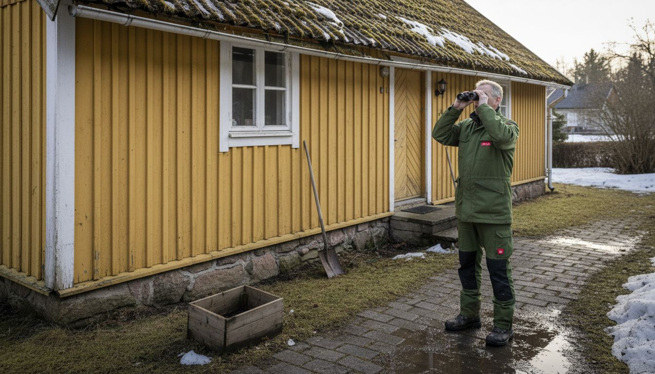 Homeowner inspecting roof after Nordic winter