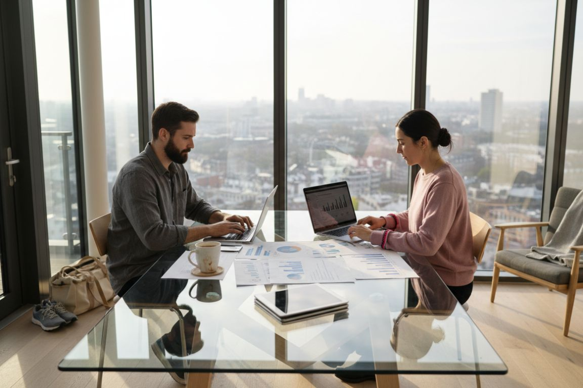 Professionals comparing rental platforms at city office