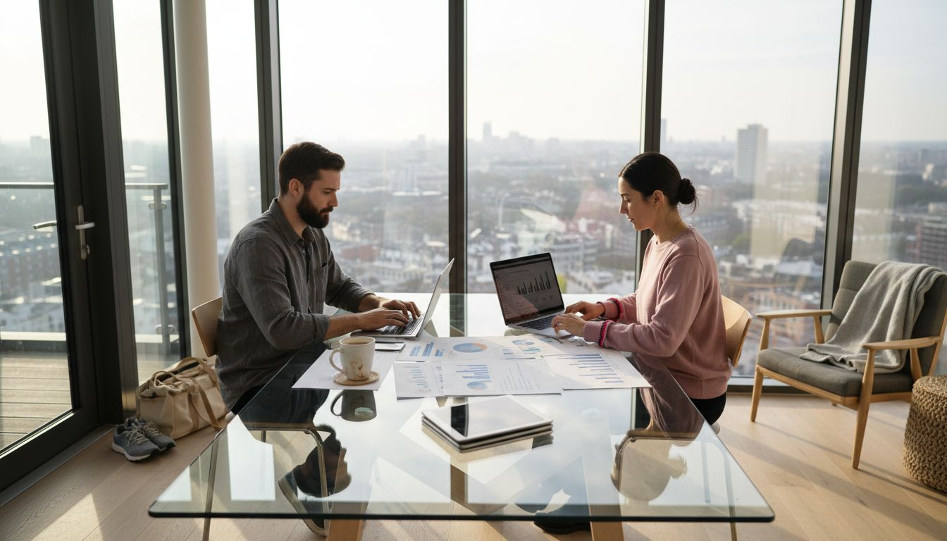 Professionals comparing rental platforms at city office
