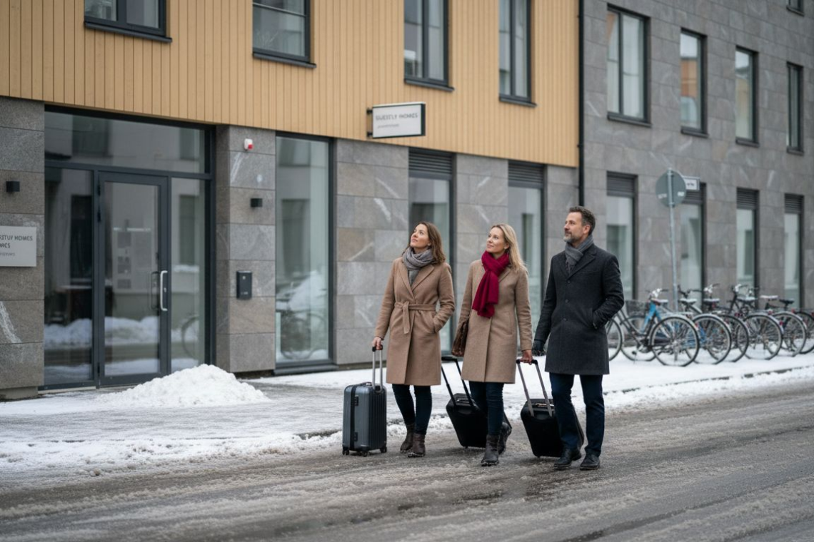 Business travelers arriving at serviced apartment building