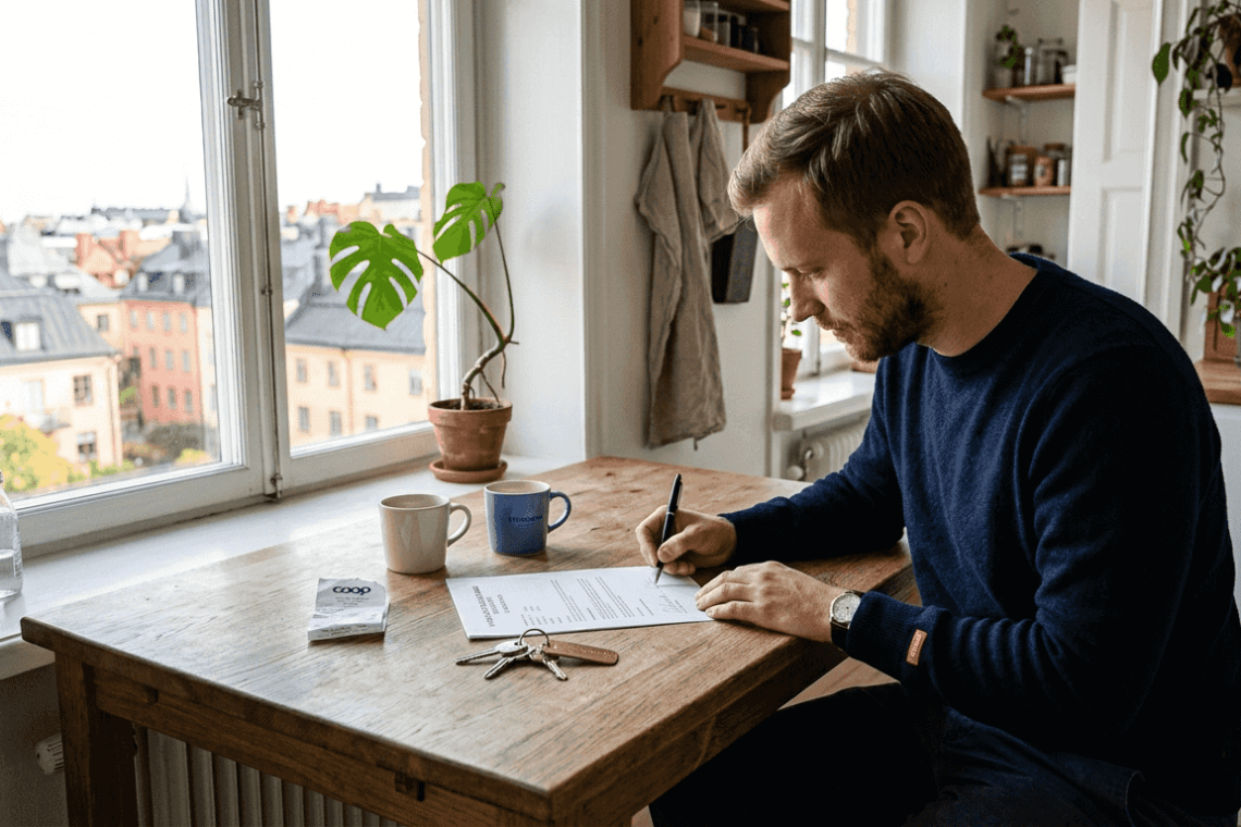 Signing Swedish lease at sunlit kitchen table
